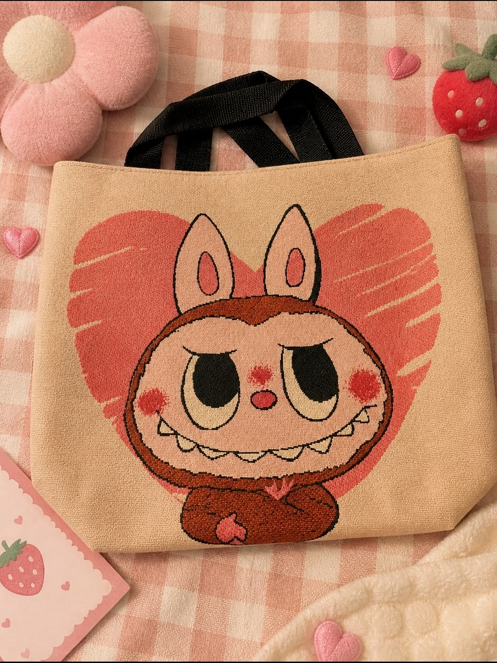 Cute Bunny Heart Canvas Tote Bag in Peach and Pink